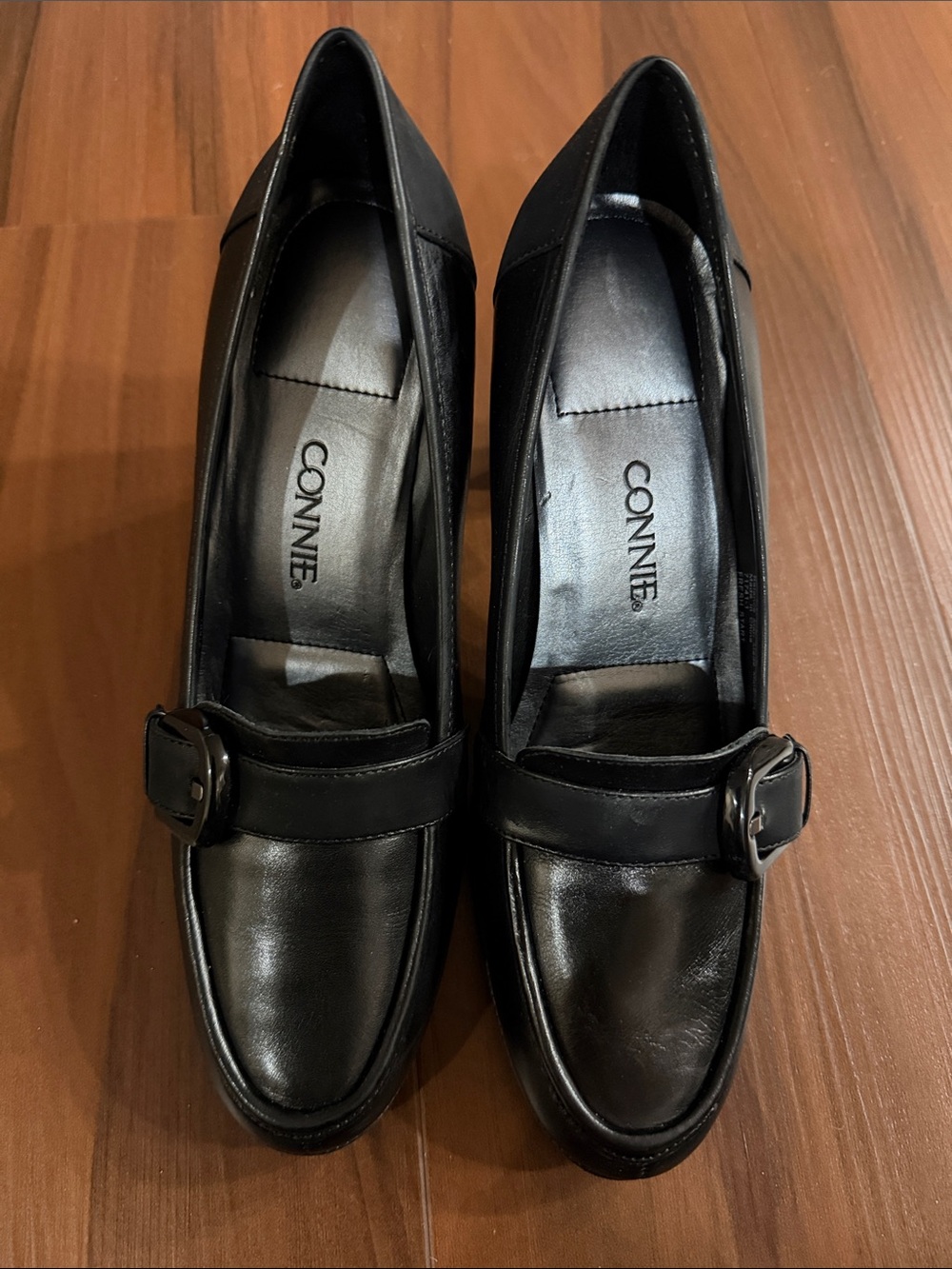Connie Black Leather Buckle Loafers